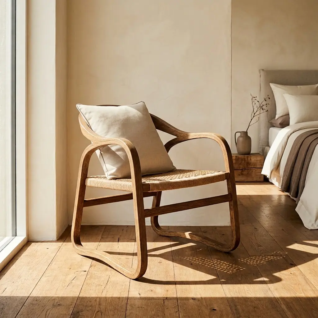 Modern minimalist bedroom featuring a sculptural bentwood oak chair against a muted blue-grey wall with dramatic sunlight.