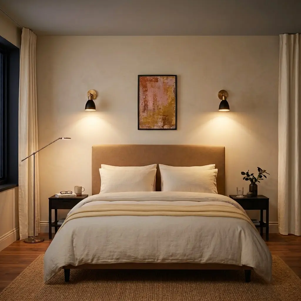 Moody minimalist bedroom with warm wall-mounted reading sconces illuminating a bed against ivoty cream walls.