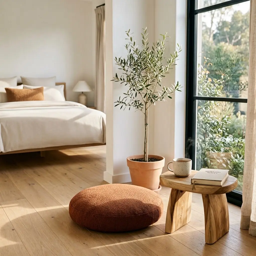 Minimalist bedroom ideas featuring a peaceful morning ritual corner with a rust floor cushion, timber stool, ceramic tea cup, and warm sunlight.