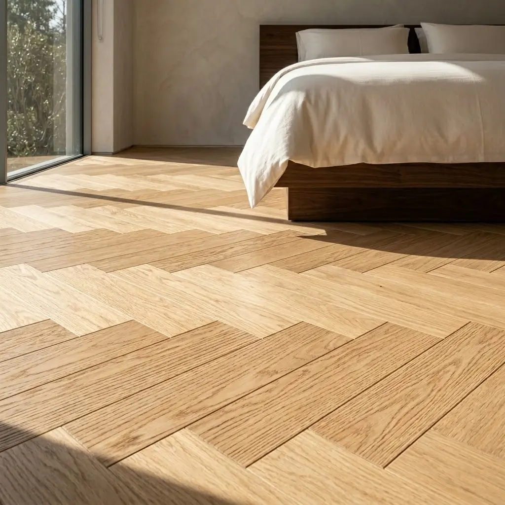 Modern minimalist bedroom with beautiful pale oak flooring, visible wood grain, and sunlight streaming across the floor.