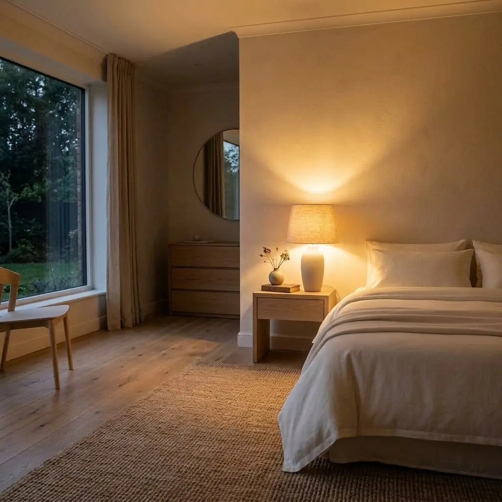Moody minimalist bedroom featuring a glowing amber bedside lamp casting warm light across textured walls and soft bedding.