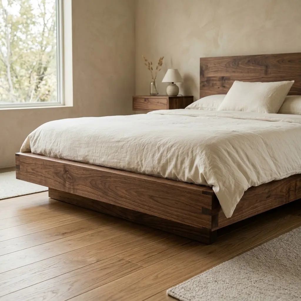 Modern minimalist bedroom with a sculptural solid-walnut platform bed showcasing clean lines and natural wood craftsmanship.