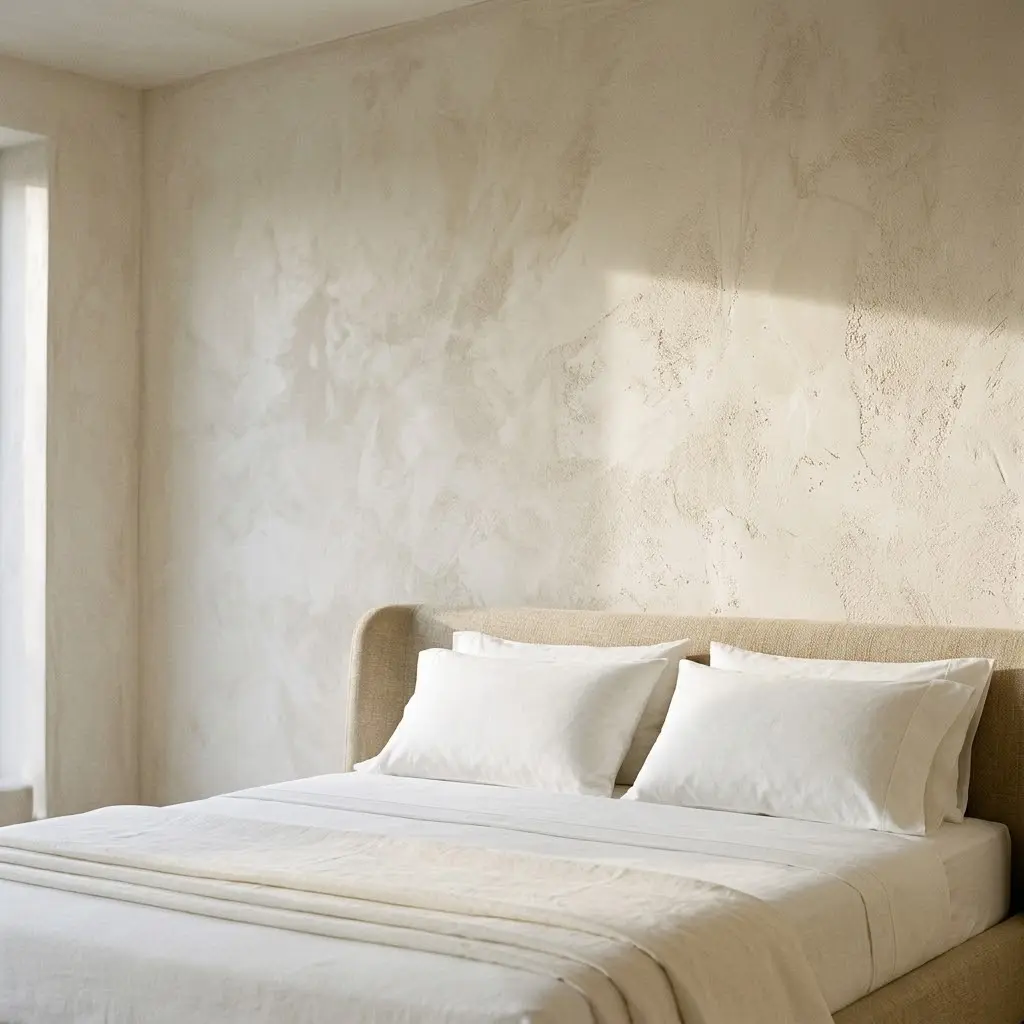 Minimalist bedroom with textured warm-white limewash walls illuminated by sunlight, highlighting subtle plaster variations.
