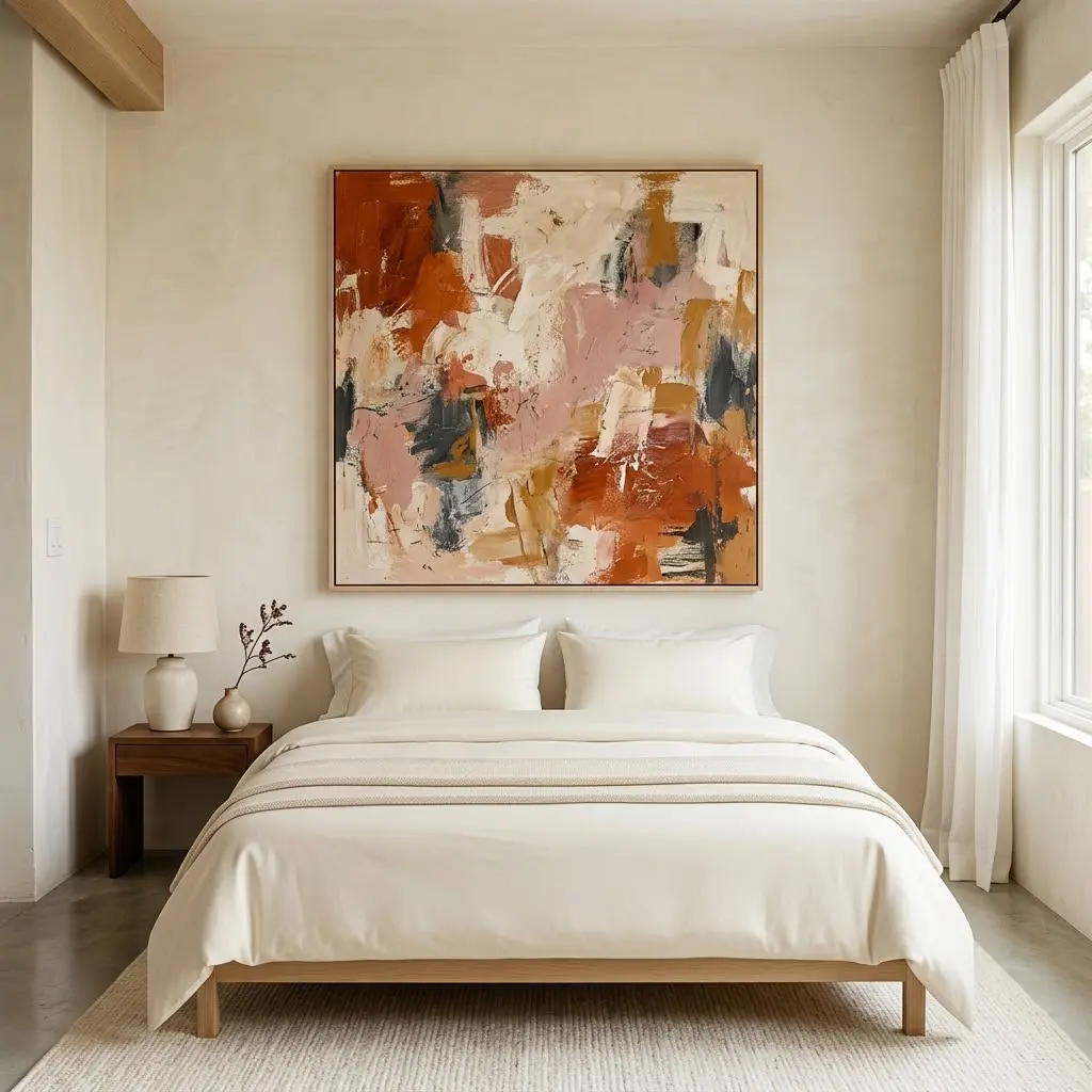 Modern minimalist bedroom featuring oversized abstract artwork in terracotta, cream, and charcoal above a simple upholstered bed.