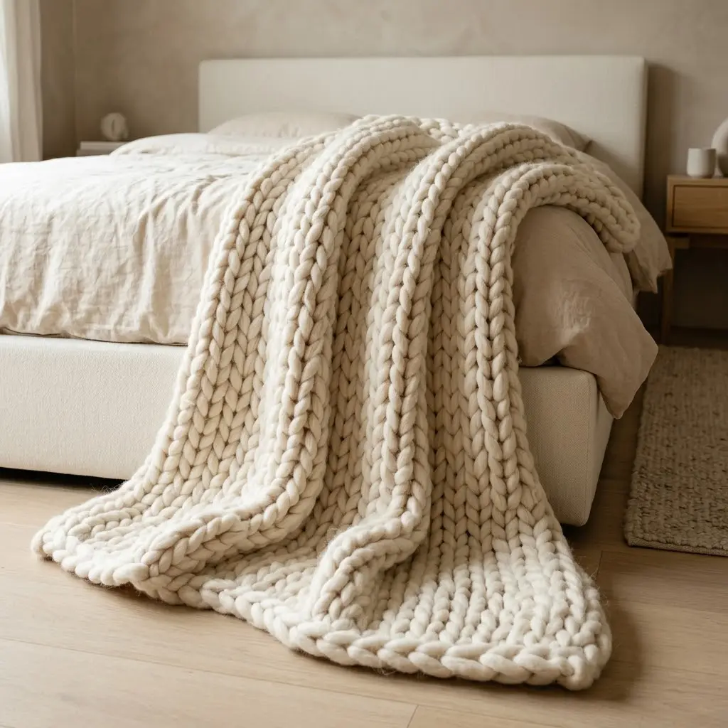Cozy minimalist bedroom with an oversized chunky ivory knit throw cascading over an upholstered bed.