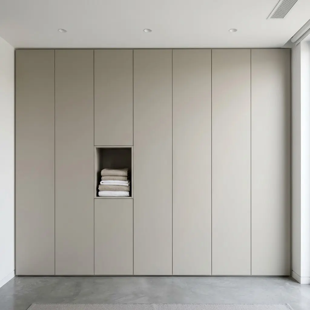 Modern minimalist bedroom featuring seamless floor-to-ceiling handleless built-in wardrobes in warm greige.