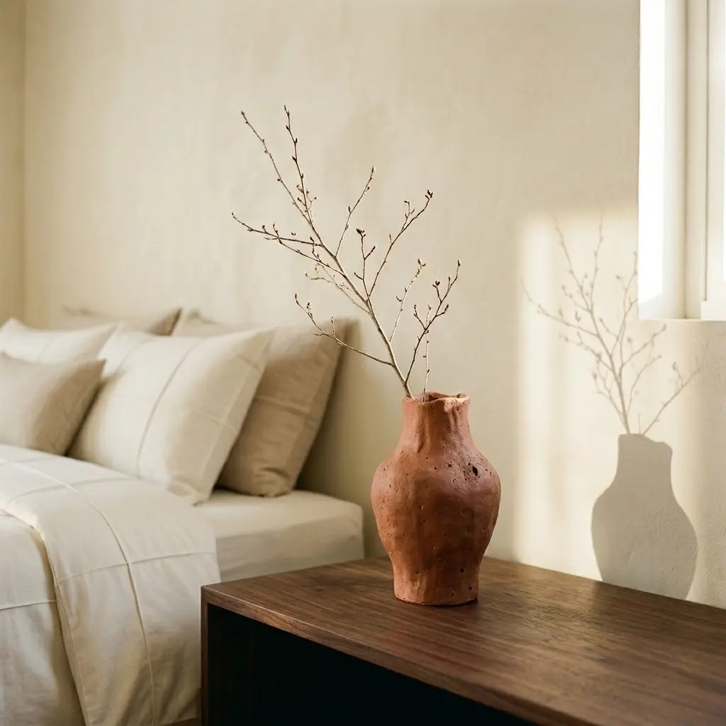 Minimalist bedroom bedside table styled with a single sculptural terracotta ceramic vase and delicate dried branch.