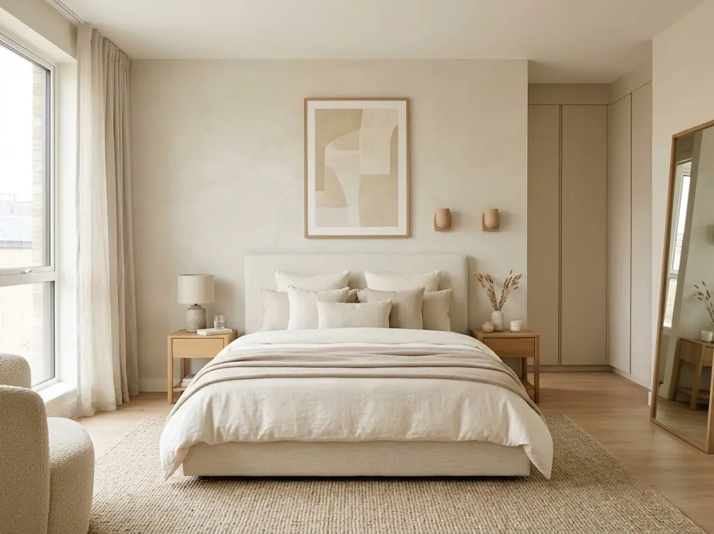 A beautiful modern minimalist bedroom in light tones and subtle decor to show off the basic idea of a minimalist bedroom.