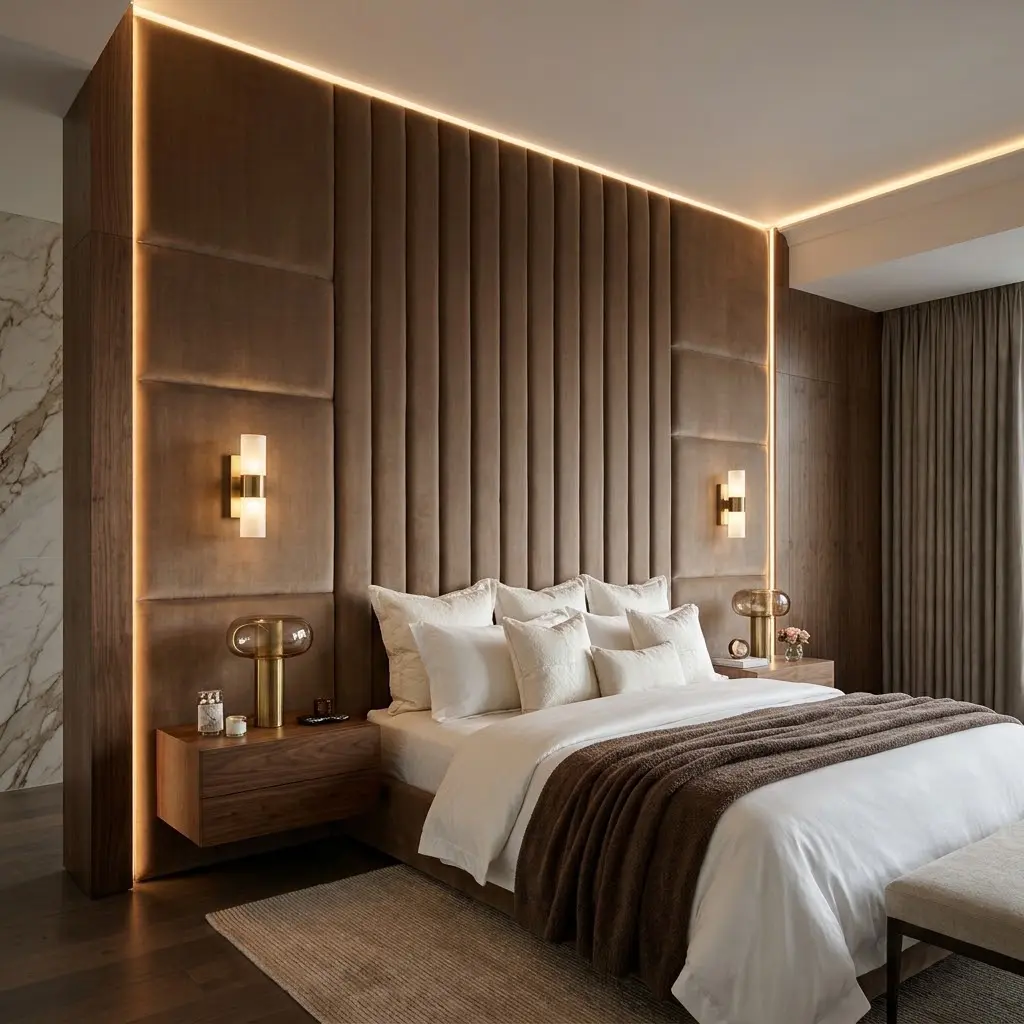 Floor-to-ceiling champagne velvet headboard with vertical channels in a luxurious modern bedroom.