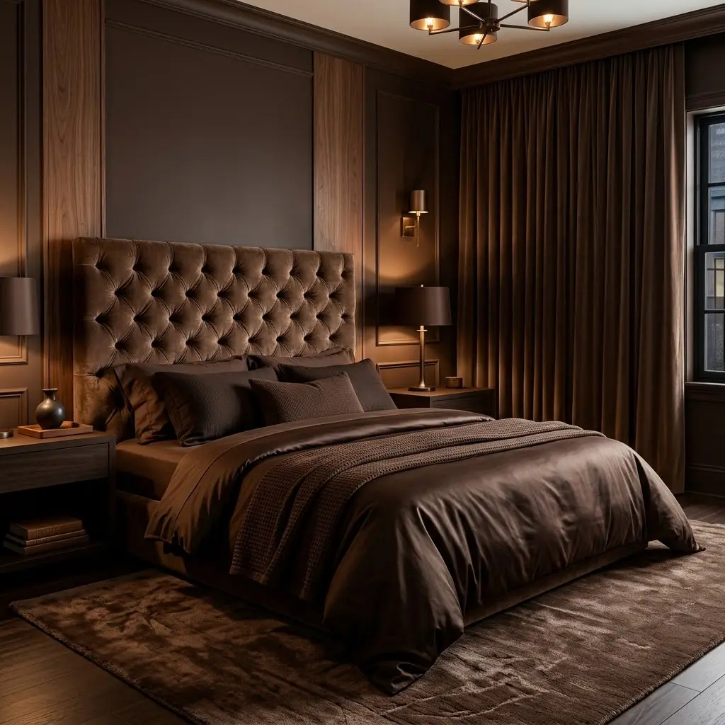 Layered chocolate-brown bedroom decor with matching walls, bedding, curtains, and velvet upholstery.