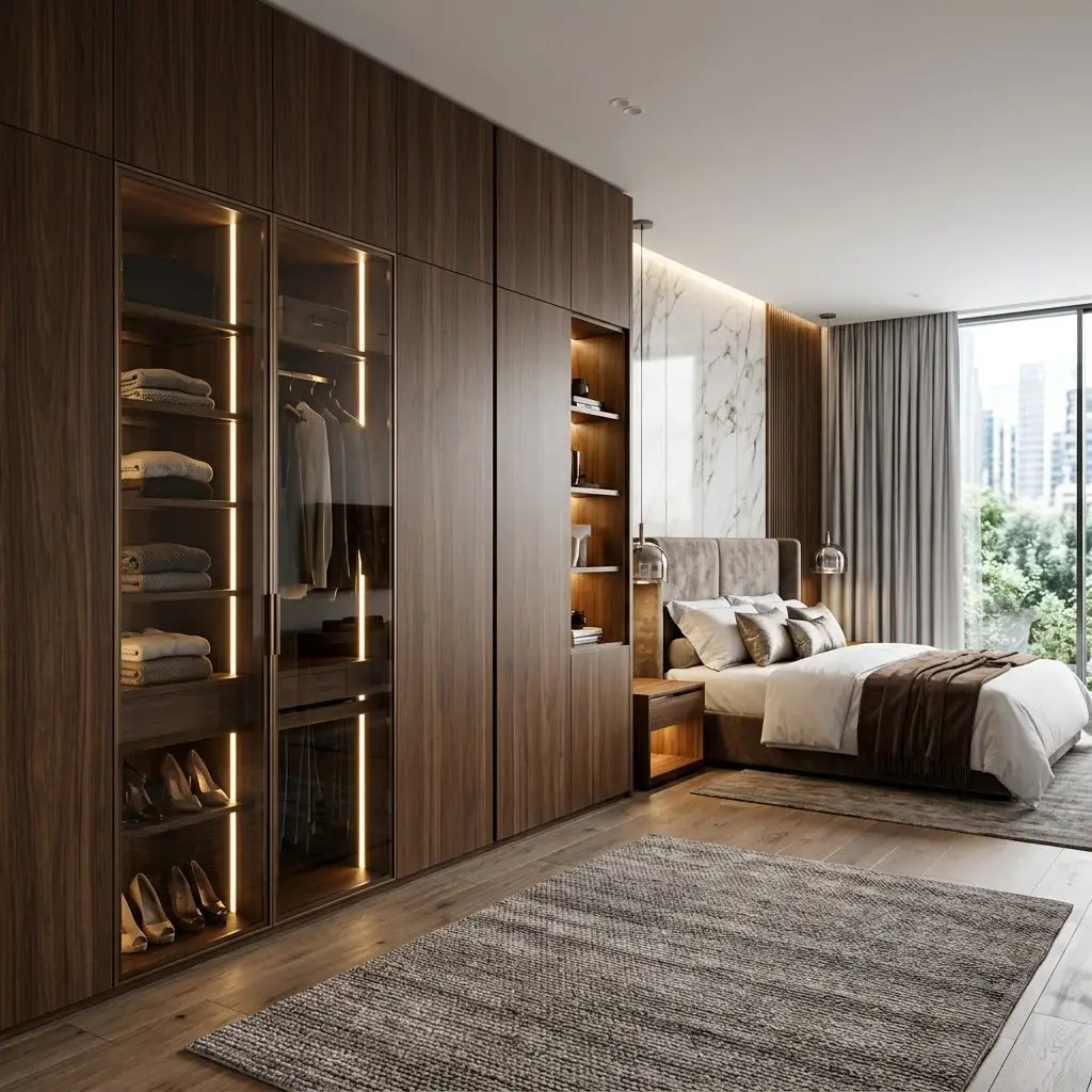 Floor-to-ceiling dark walnut built-in wardrobe with illuminated glass doors along a bedroom side wall.