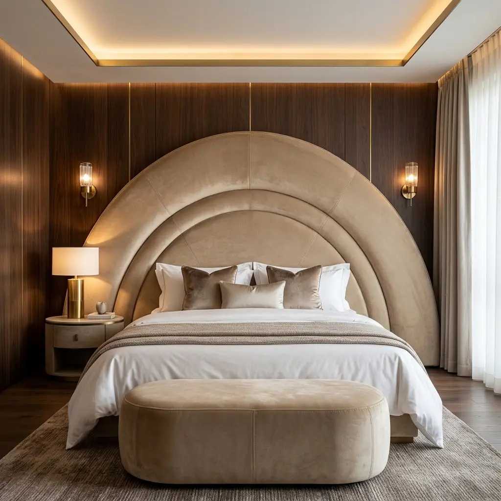 Sculptural curved champagne velvet headboard paired with rounded furniture in a luxury bedroom.