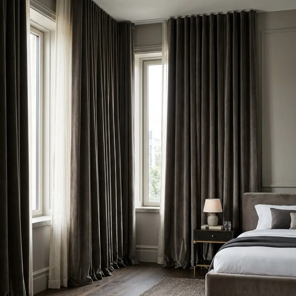 Full-height charcoal velvet curtains with sheer ivory panels framing a tall bedroom window.
