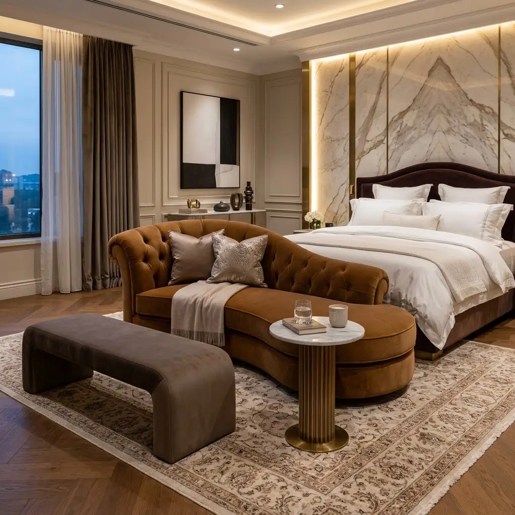 Curved caramel velvet chaise longue and upholstered bench at the foot of a luxurious bed.