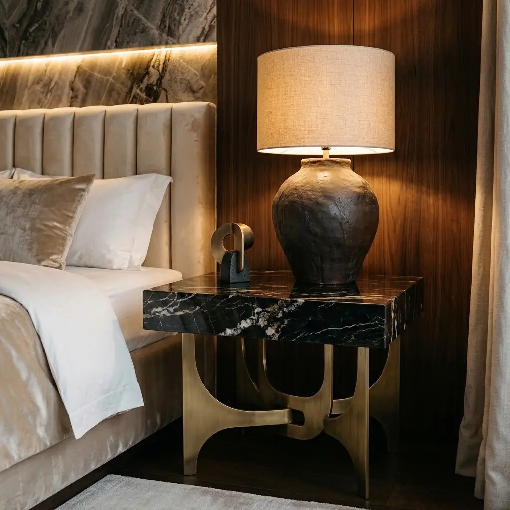 Black marble bedside table with a sculptural brass base and elegant ceramic table lamp.