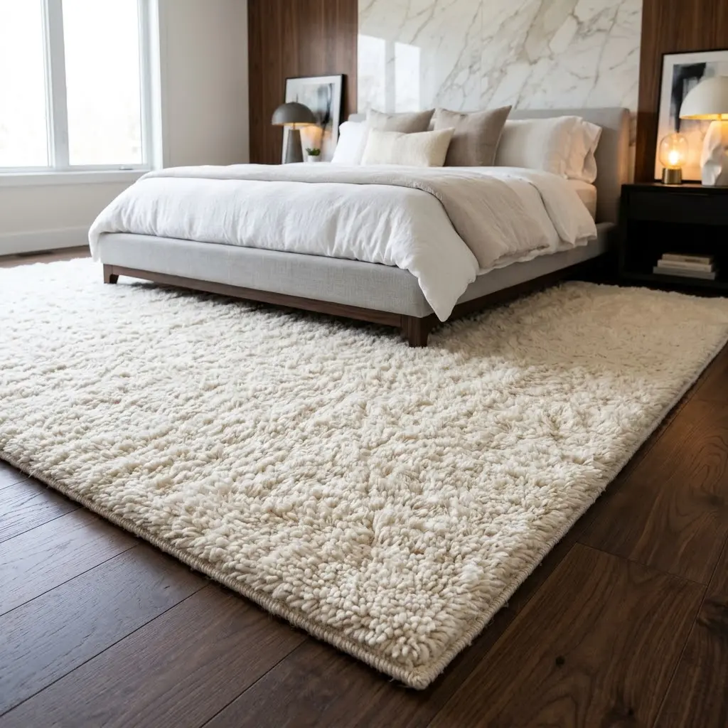 Oversized plush ivory rug extending around a king-size bed over dark walnut flooring.