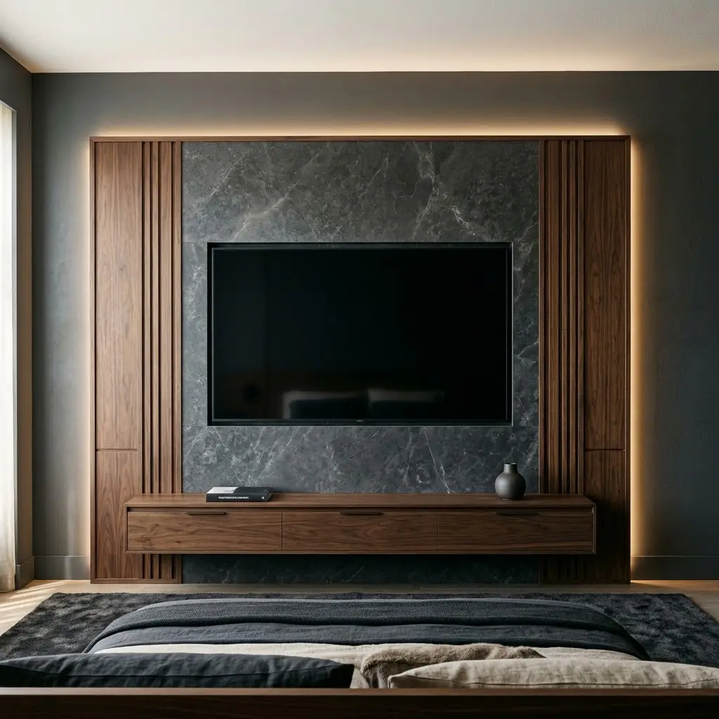 Wall-mounted television framed by dark walnut panels, charcoal marble, and concealed LED lighting.