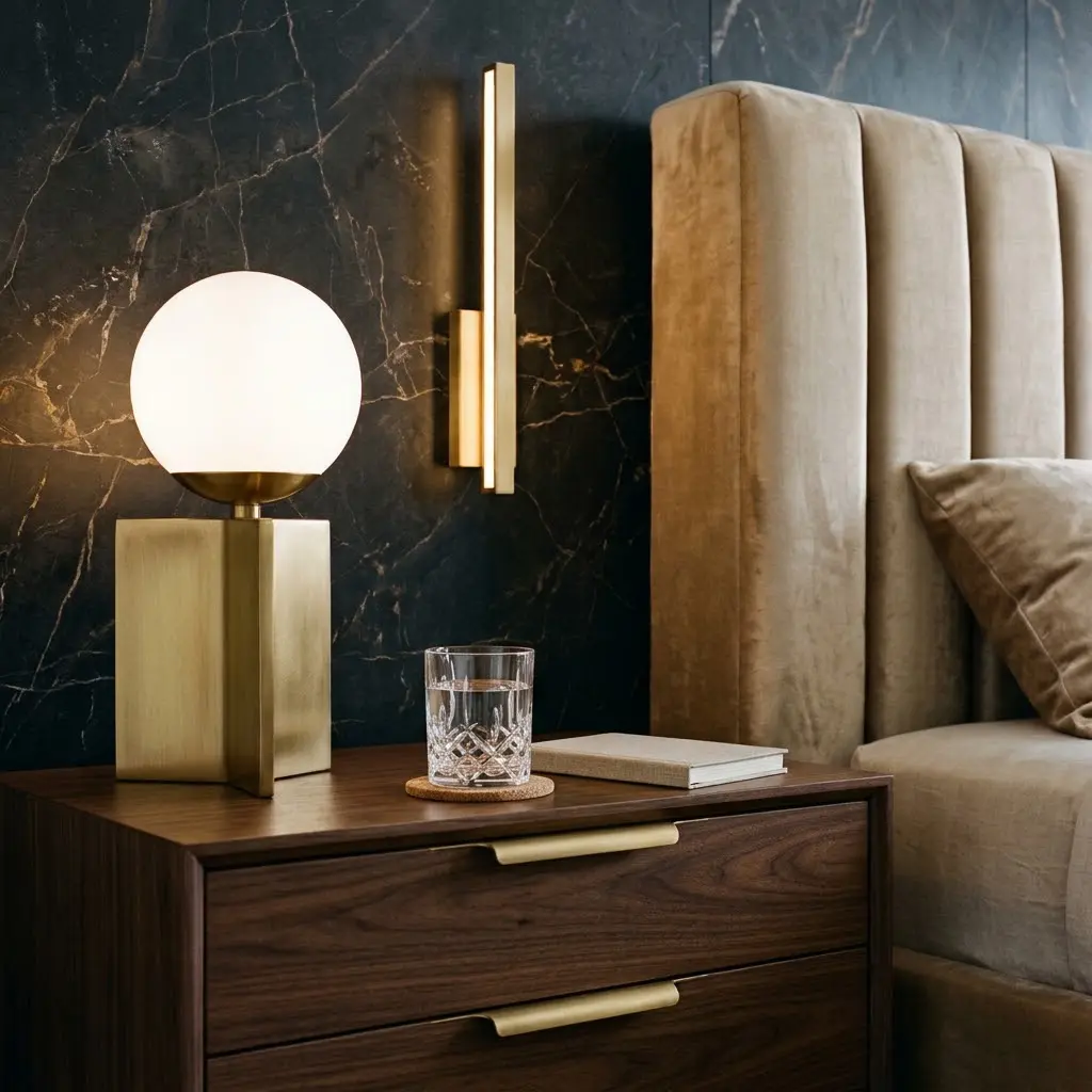 Brushed brass bedside lamp, drawer handles, and wall details against walnut and marble finishes.