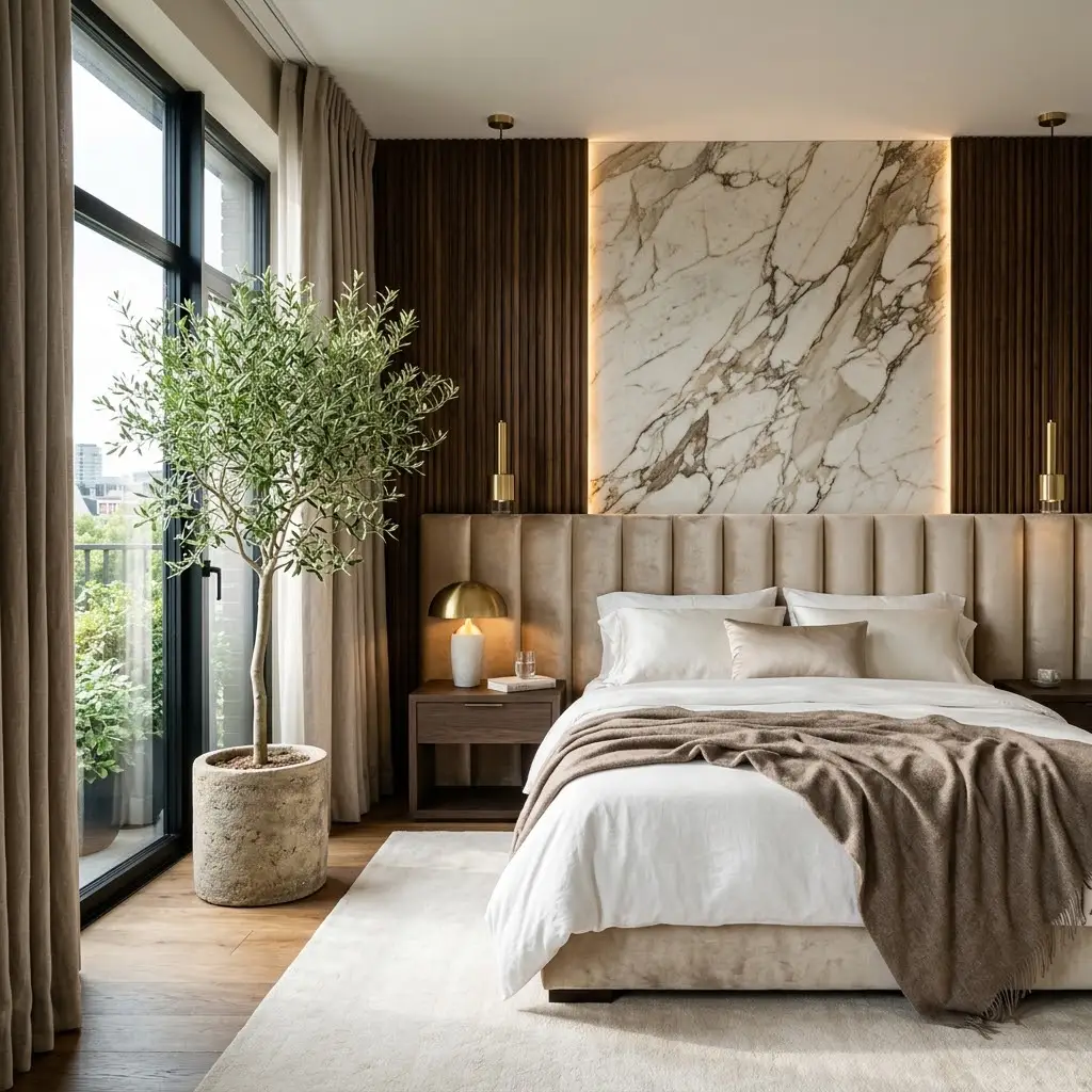 Medium-sized indoor olive tree in a stone planter beside a tall window in a luxury bedroom.