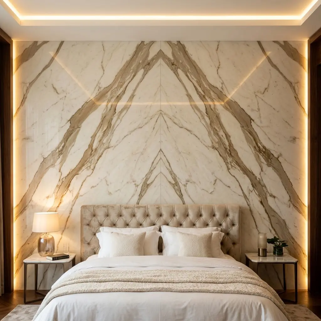 Dramatic bookmatched cream marble wall behind a king bed in a modern luxury bedroom.