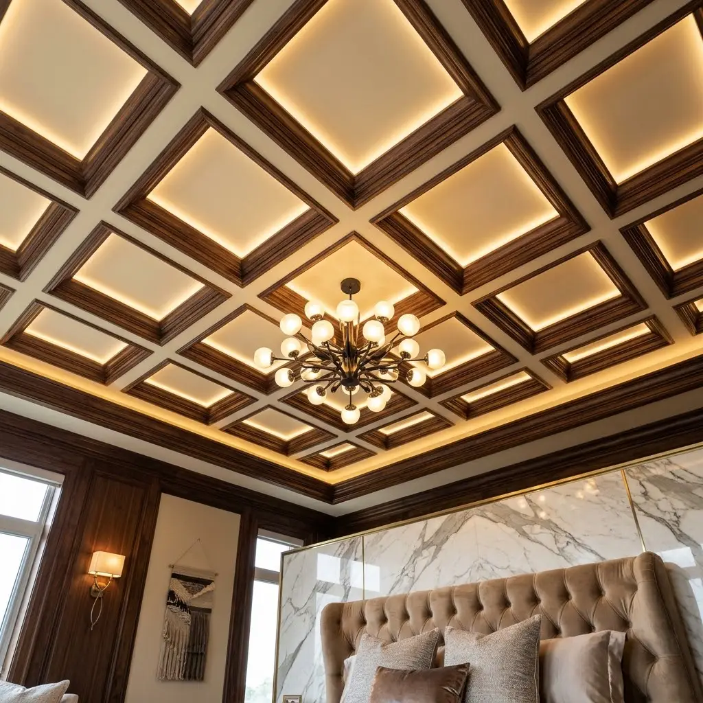 Geometric coffered bedroom ceiling with walnut inlays, warm perimeter lighting, and a contemporary chandelier.