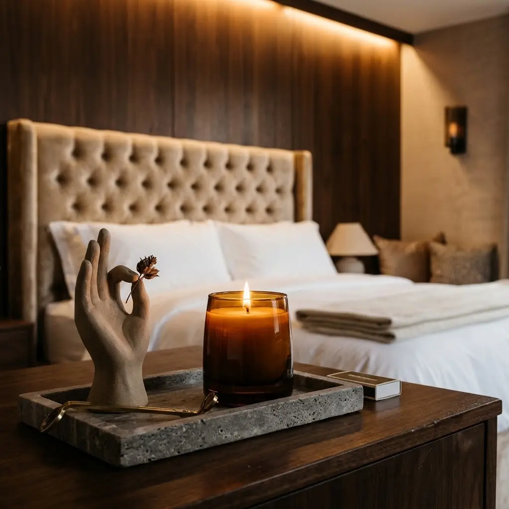 Amber-glass scented candle and sculptural decor on a walnut dresser in a luxurious modern bedroom.
