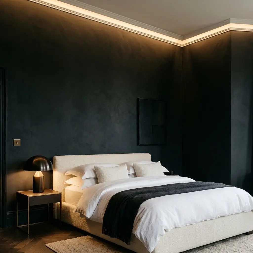 Deep charcoal bedroom walls contrasted with white bedding and warm architectural lighting.