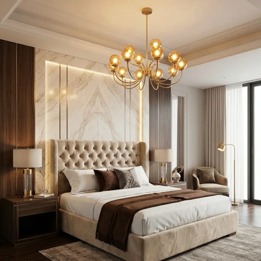 Proportionate sculptural brass chandelier suspended above a luxurious king-size bed.