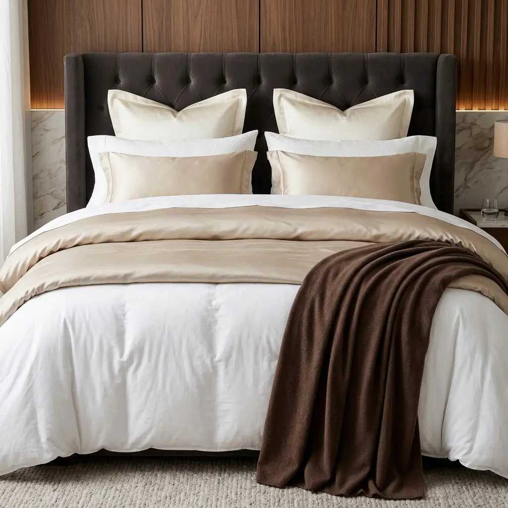 Luxuriously layered white hotel bedding with ivory pillows, a satin duvet, and a chocolate throw.