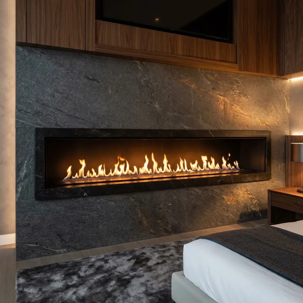 Sleek recessed linear fireplace with glowing flames integrated into a dark stone bedroom wall.