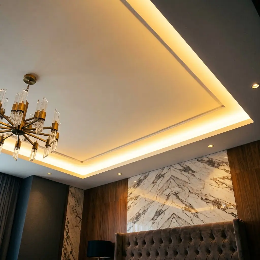 Warm LED cove lighting outlining a recessed ceiling in a modern luxury bedroom.