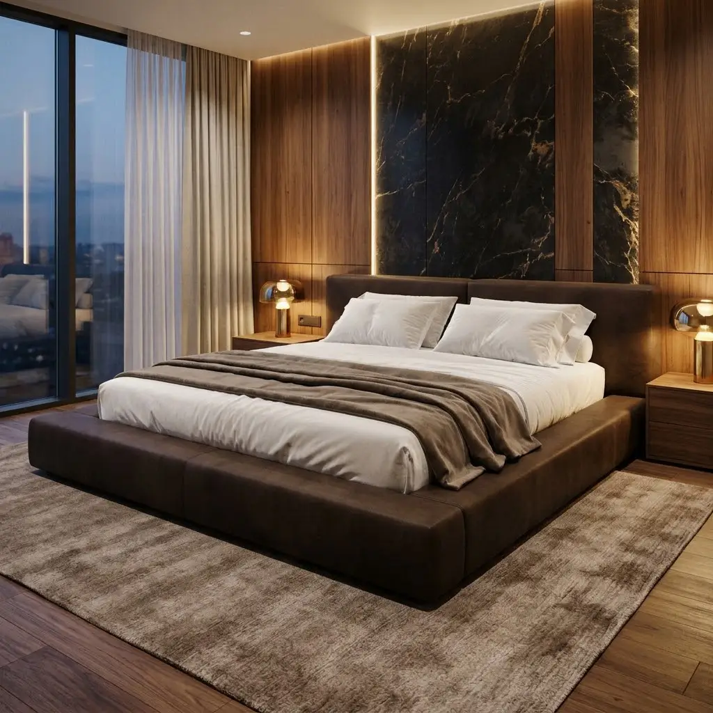 Oversized low-profile platform bed with a thick espresso upholstered frame and white bedding.