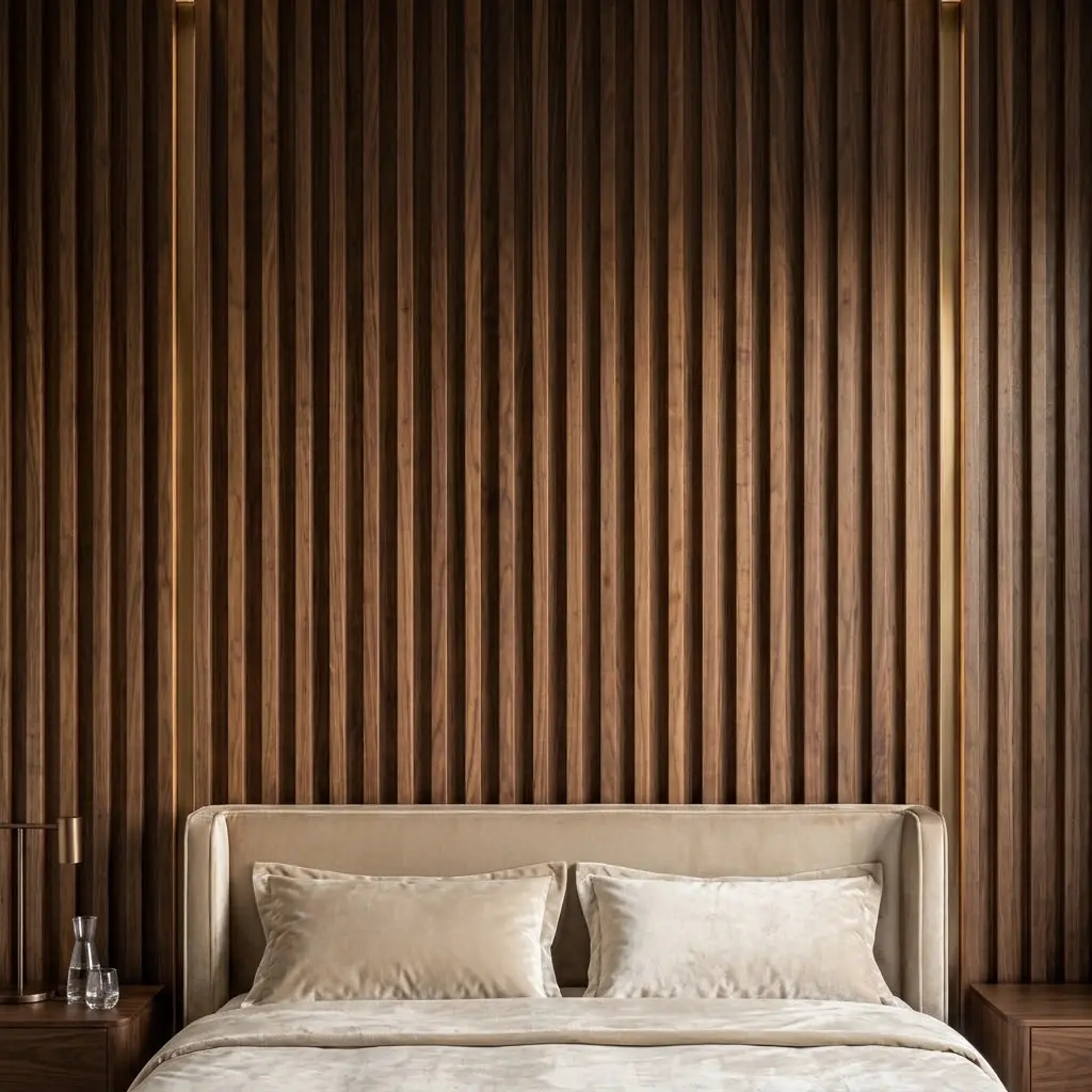 Floor-to-ceiling fluted walnut wall panels behind a contemporary upholstered bed.
