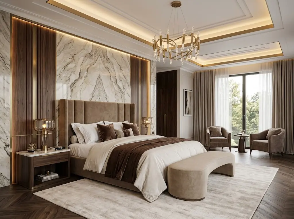 Modern bedroom ideas featuring a luxurious king bed, illuminated marble feature wall, walnut panels, and elegant chandelier.