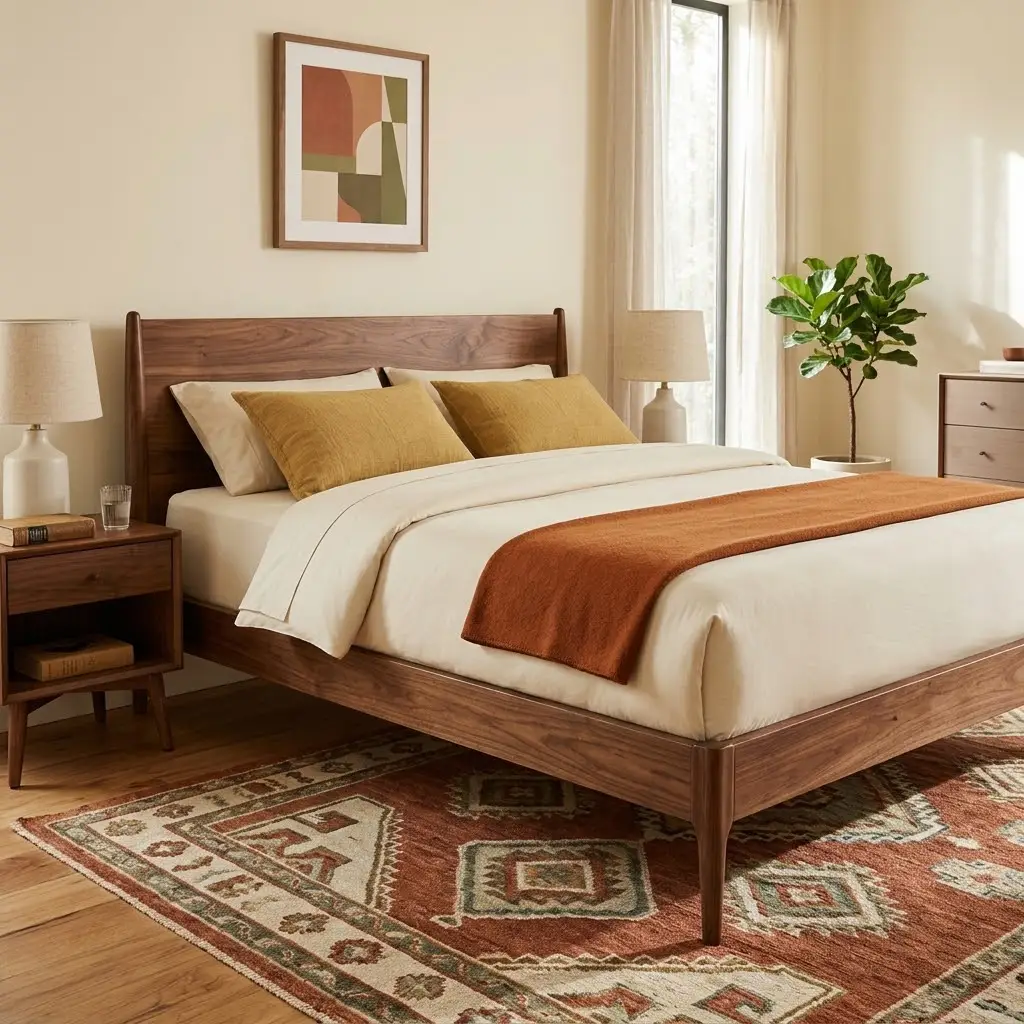 Mid century bedding featuring a low walnut platform bed with tapered legs, ivory bedding, and colorful retro accents.