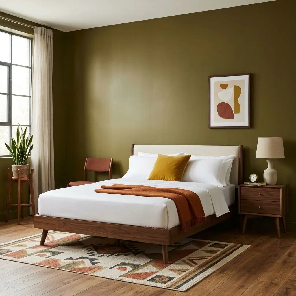 Mid century aesthetic bedroom featuring warm olive green walls, walnut furniture, mustard accents, and cozy ivory bedding.
