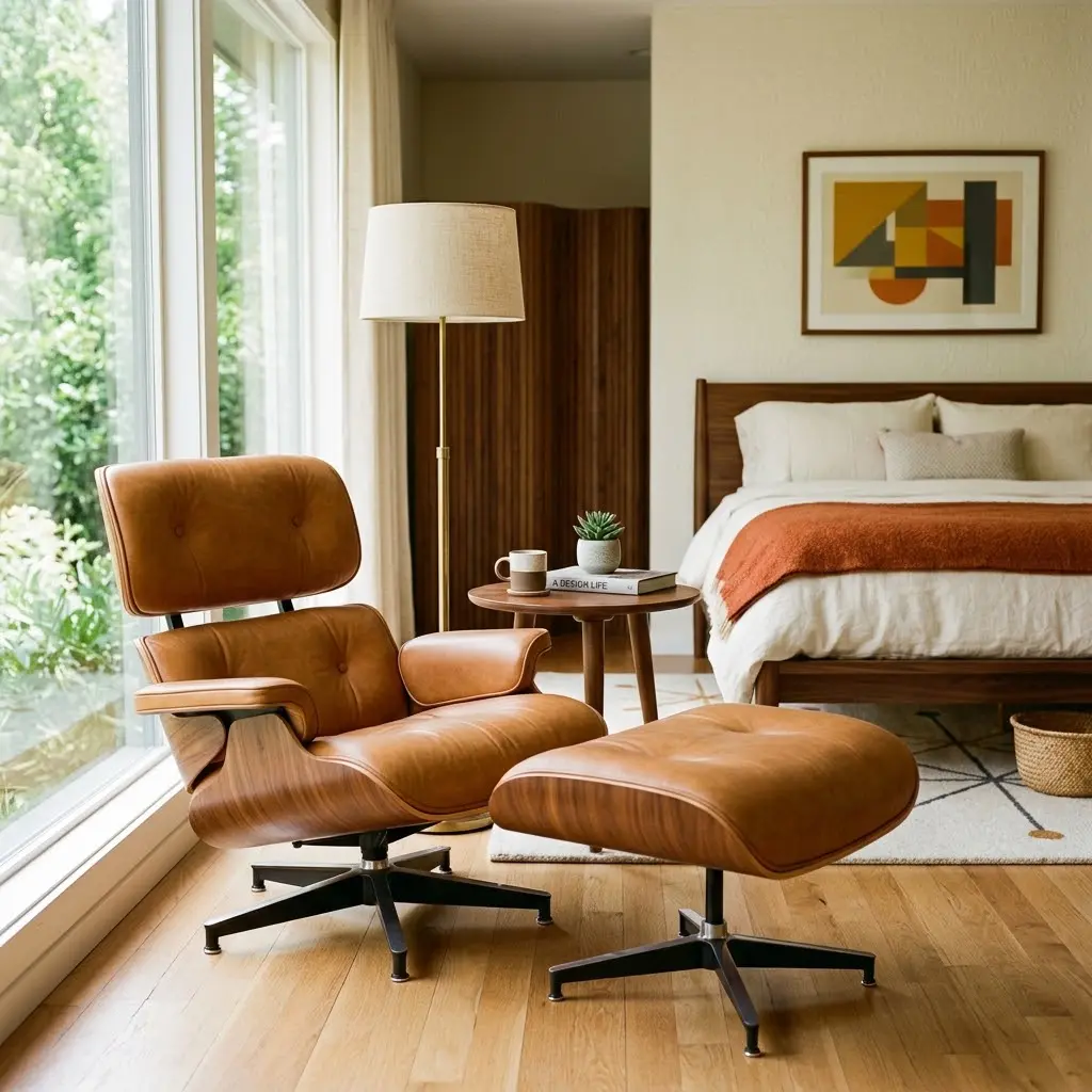 Mid century inspiration featuring a tan leather and walnut lounge chair in a stylish reading corner beside a sunlit window.