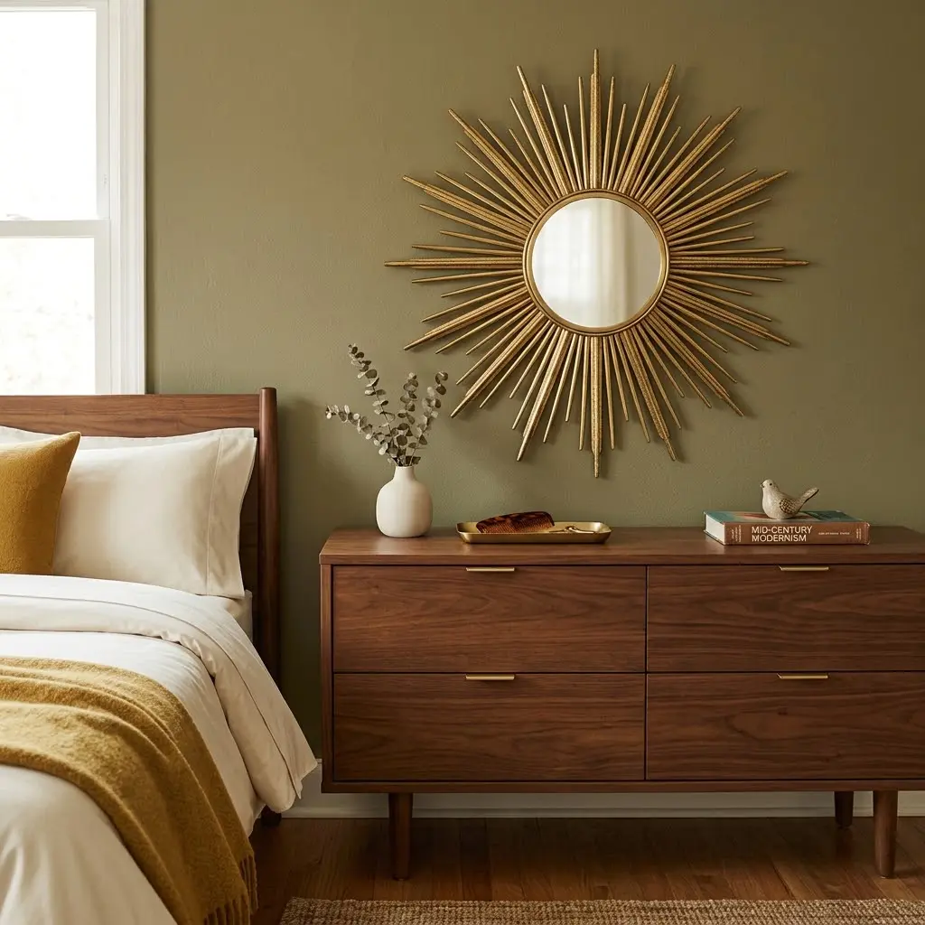 Mid century bedroom featuring a large brass sunburst mirror above a walnut dresser with elegant retro styling.