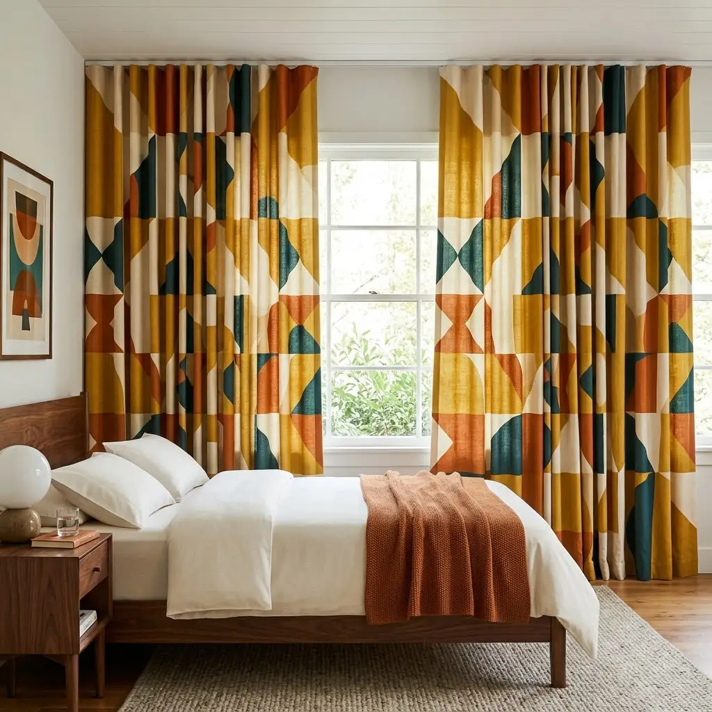 Mid century styling ideas with ceiling-to-floor geometric curtains in mustard, teal, burnt orange, and cream.