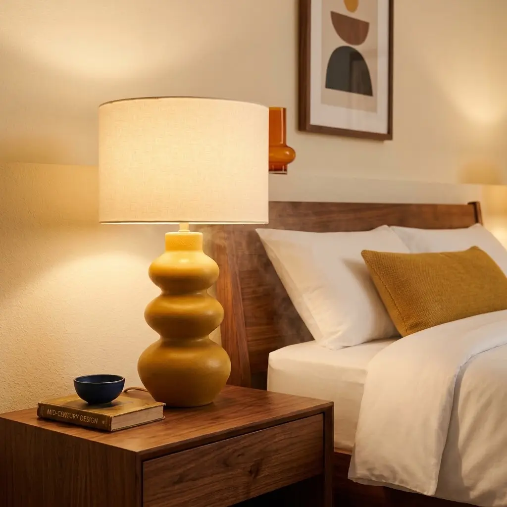 Mid century styling featuring a sculptural mustard ceramic bedside lamp with a warm white shade on a walnut nightstand.