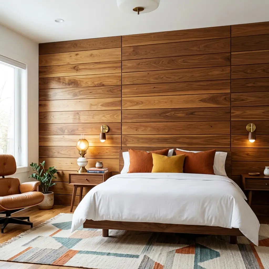 Mid century bedroom with a full-width warm walnut wood-panelled wall behind a low platform bed.