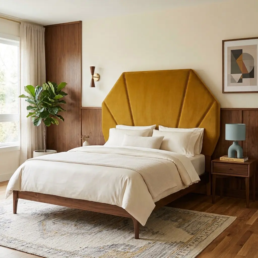 Mid century bedroom styling featuring a bold teal geometric upholstered headboard paired with a walnut bed frame and ivory bedding.