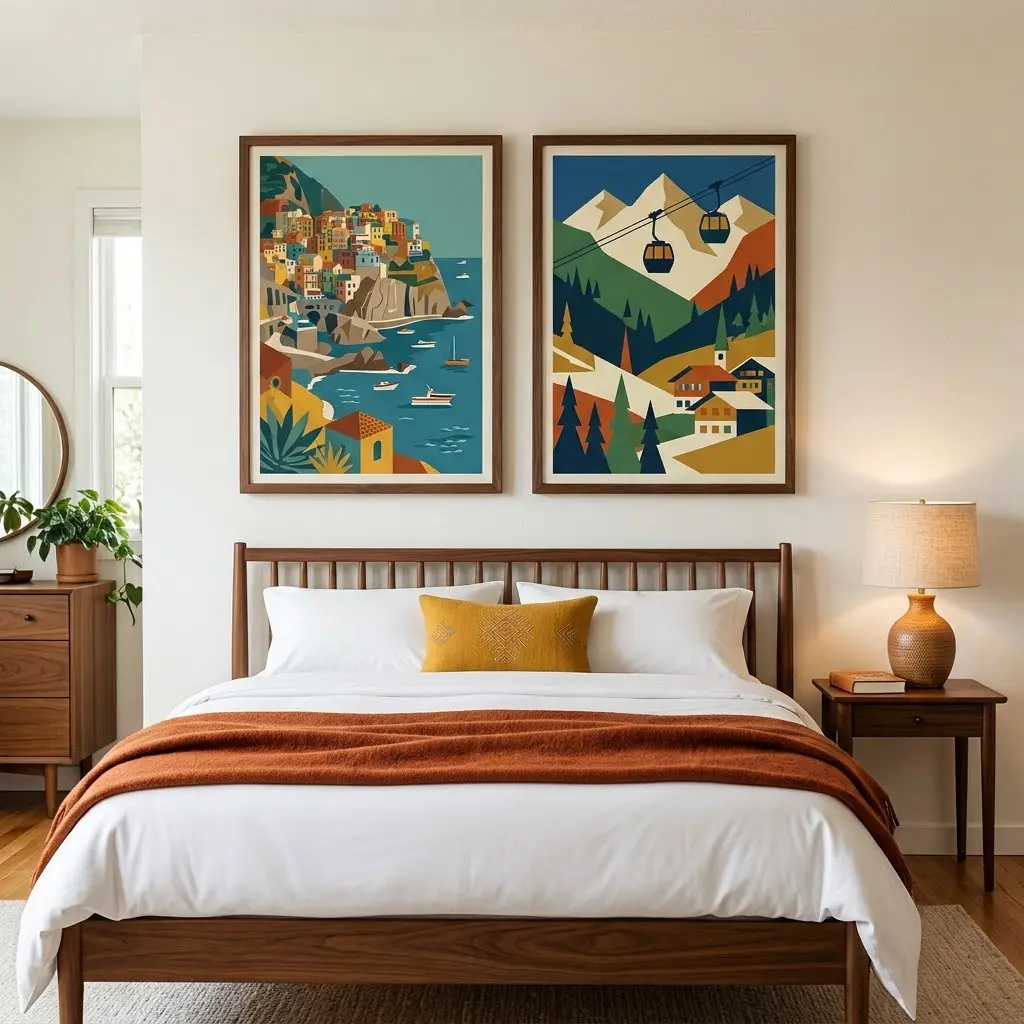 Mid century bedroom ideas featuring colorful vintage-inspired travel posters in walnut frames above a beautifully styled bed.