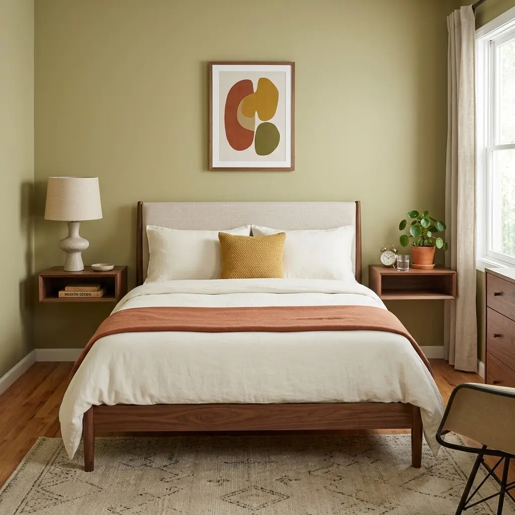 Mid century bedroom featuring sleek walnut floating bedside shelves with ceramic lamps and minimal decorative accents.