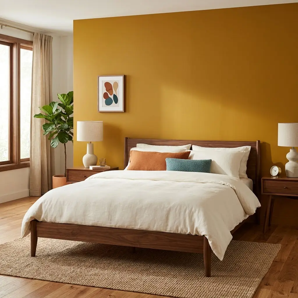 Mid century bedroom with a bold mustard yellow accent wall behind a walnut bed and warm neutral bedding.