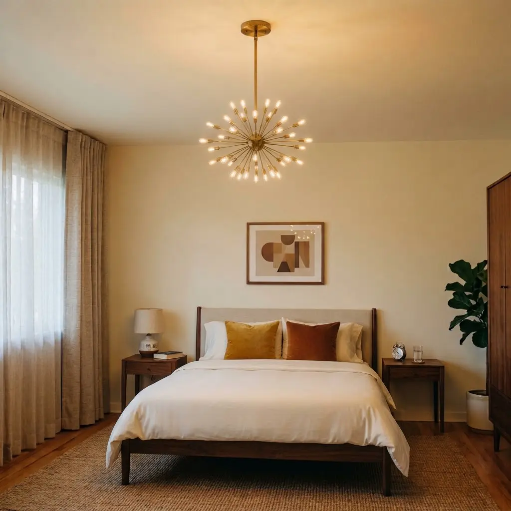 Mid century bedroom featuring a sculptural brass Sputnik chandelier above a walnut bed with colorful geometric accents.