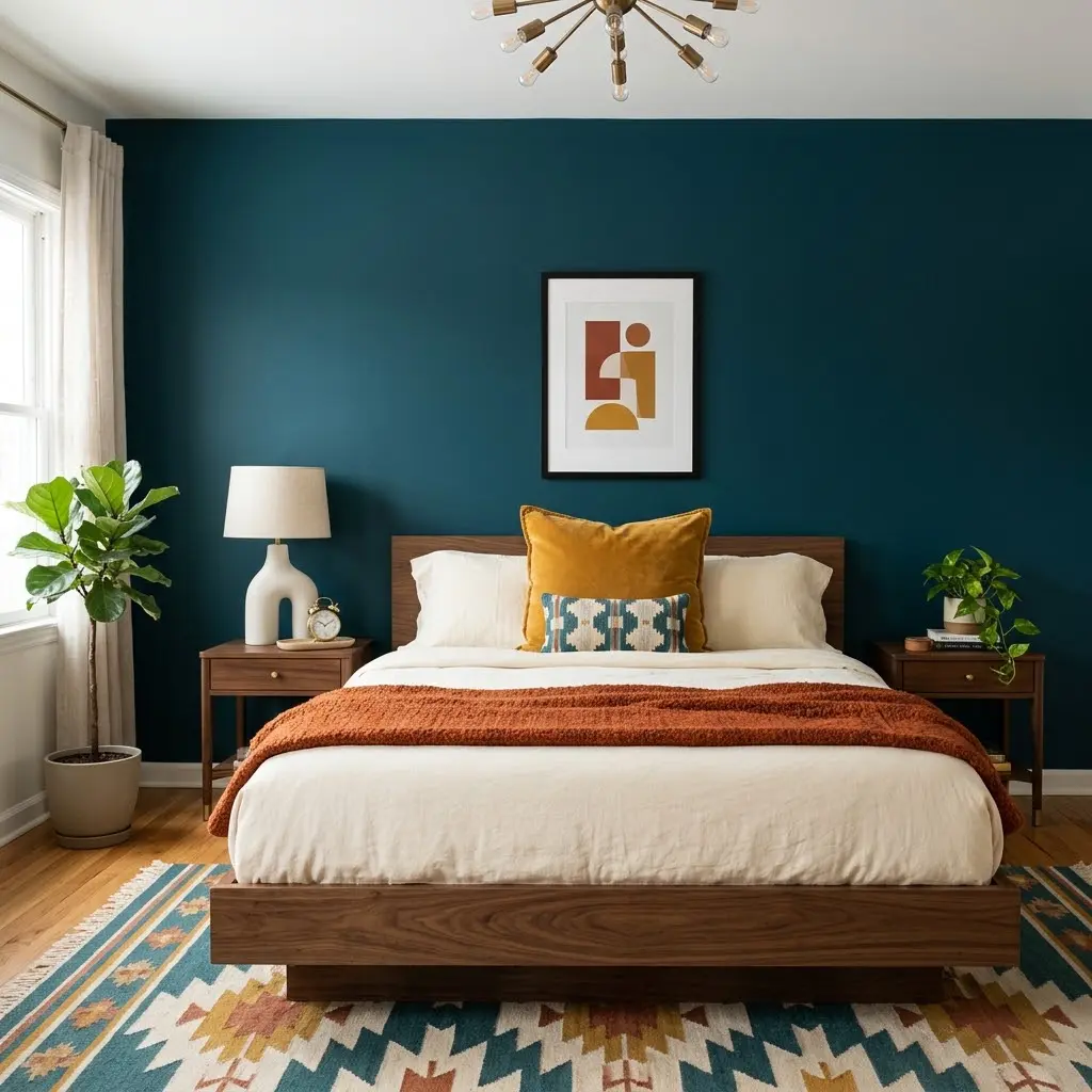 Mid century bedroom painting with a deep teal accent wall, walnut furniture, mustard cushions, and burnt orange bedding accents.