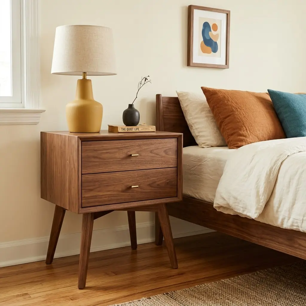 Mid century styling ideas featuring a walnut bedside table with tapered legs, brass drawer pulls, and a sculptural ceramic lamp.
