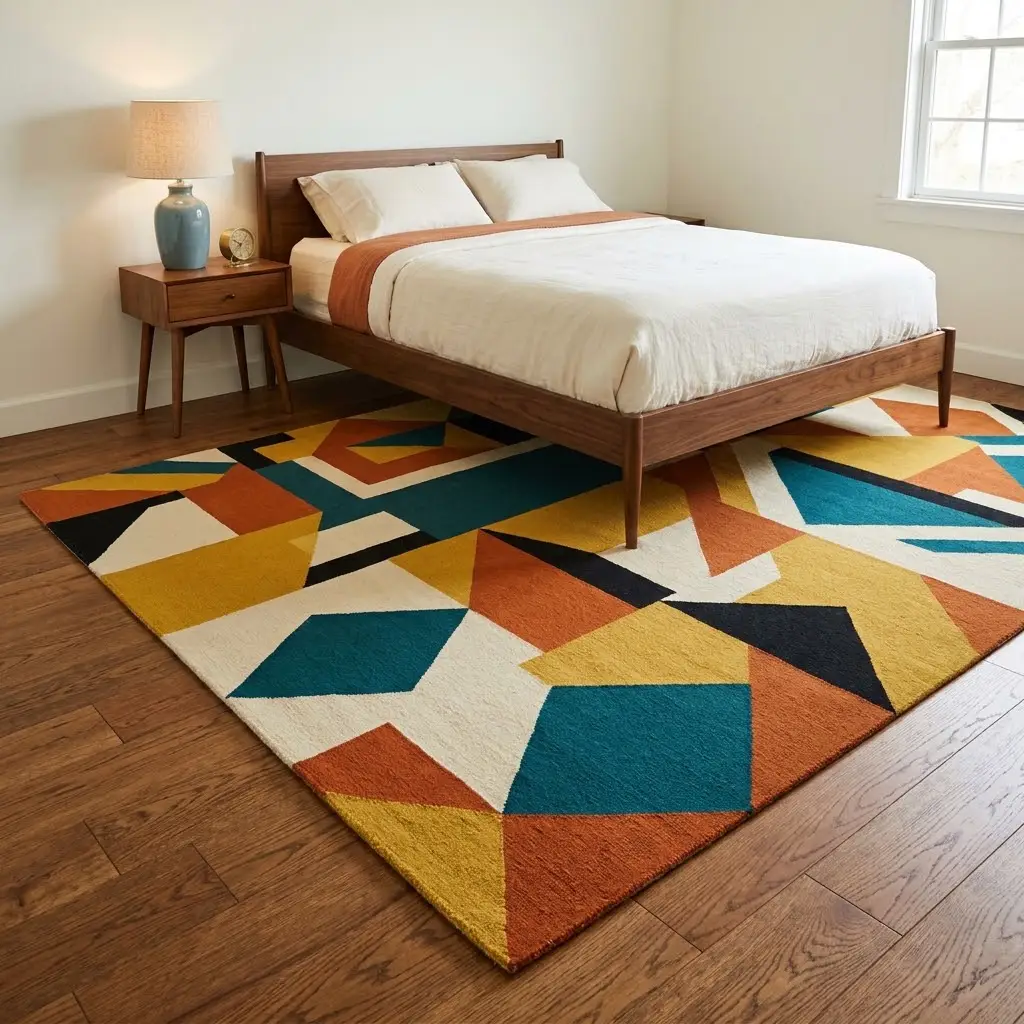 Mid century inspiration ideas with a bold geometric rug in mustard, teal, burnt orange, and cream beneath a walnut platform bed.