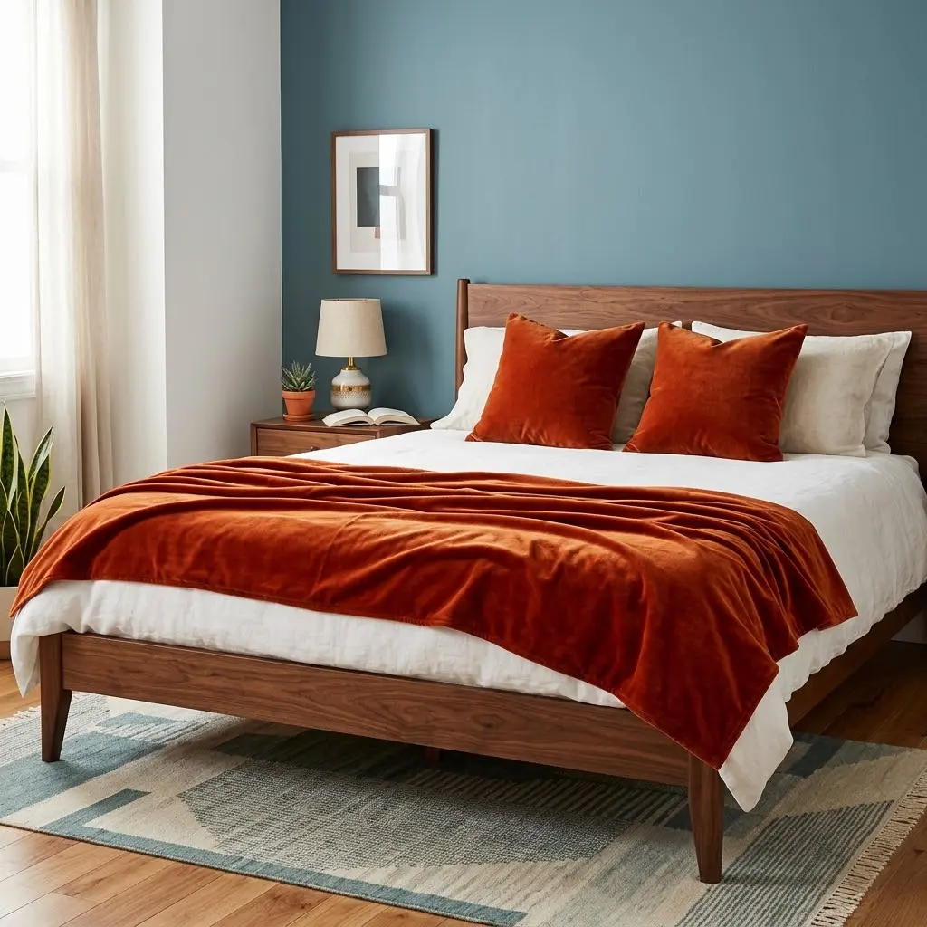 Mid century style featuring burnt orange velvet cushions and a throw against ivory bedding and warm walnut furniture.